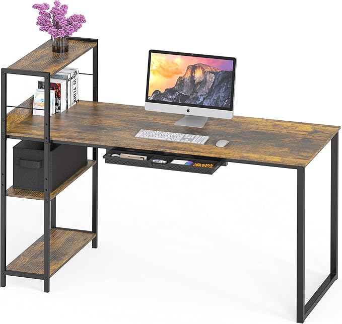 SHW 46-Inch Home Office Mission Computer Desk with Side Shelf and Drawer, Rustic Brown