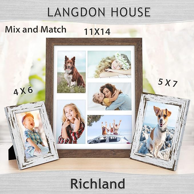 Langdon House 11x14 Collage Picture Frames w/Mat for 5-4x6 Photos (Rustic Brown, 6 Pack) Traditional Wood-Like Photo Frames for any Décor Style, Richland Collection