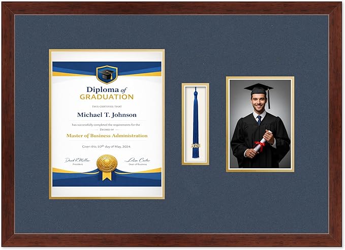 Diploma Tassel and Photo Frame Rustic Walnut Shadowbox Navy Blue Over Gold Mat - Fits 8.5 x 11 Degree Picture Made in the USA