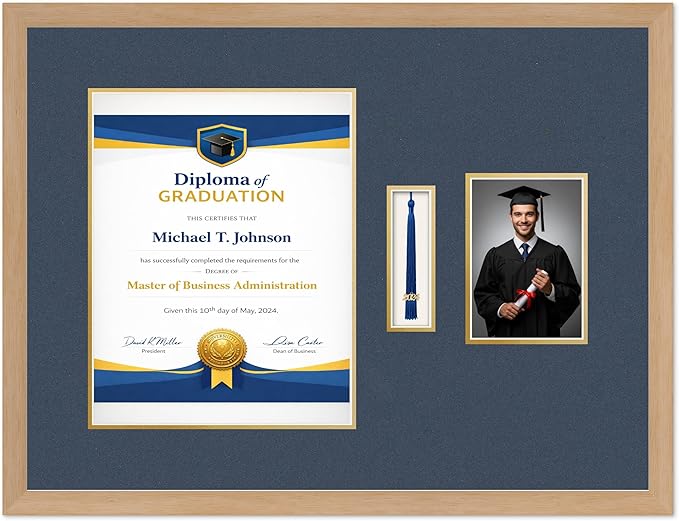 Diploma Tassel and Photo Frame Natural Wood Shadowbox Navy Blue Over Gold Mat - Fits 11 x 14 Degree Picture Made in the USA