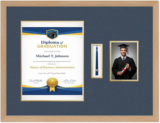 Diploma Tassel and Photo Frame Natural Wood Shadowbox Navy Blue Over Gold Mat - Fits 11 x 14 Degree Picture Made in the USA