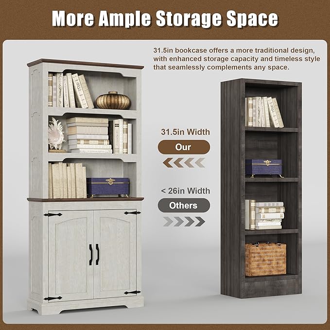 Tall Bookcase, 70 inch Height, 5-Tier Open Storage Shelf, 31.5 in Wide Standing Bookshelves for Home, Office, Bedroom, School, Library, 31.5W * 11.81D *70H (White Espresso, Wooden Door)