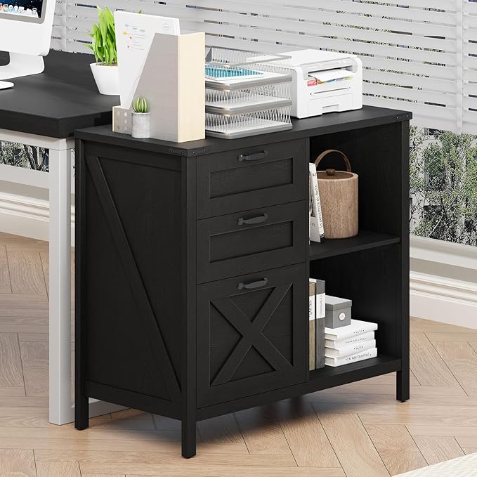 Farmhouse Lateral Filing Cabinet with 3 Drawers and Open Shelf, Lateral File Cabinet with with File Drawer for Letter/A4 Hanging File, Large Printer Stand for Home Office, Living Room, Rustic Black