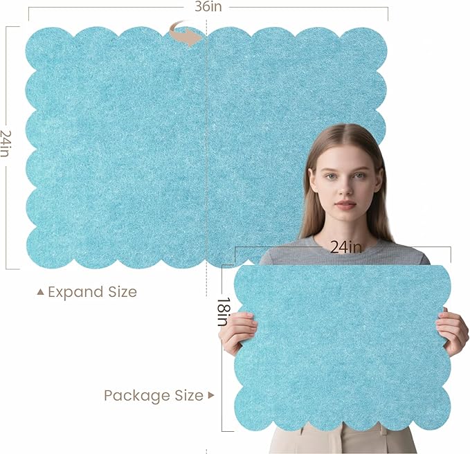 Scalloped Bulletin Board, 36 x 24 Inches Felt Pin Board - Decorative Cork Alternative for Wall, Foldable Picture Self-Adhesive Vision Prayer Board with 20 Pushpins - Turqoise Blue