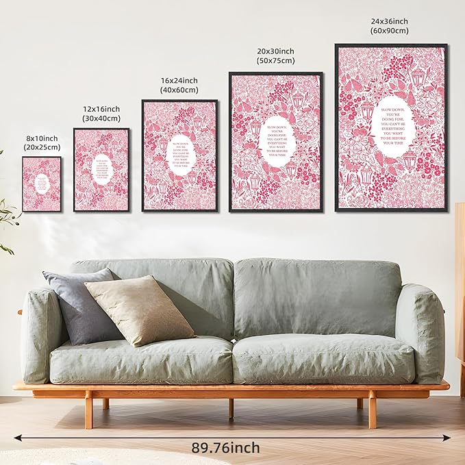 Slow Down You're Doing Fine Music Posters Motivational Quote Pink Wall Art Vintage Floral Positive Daily Reminder Song Lyrics Canvas Print Aesthetic Office Home Decor 16x24inch Black Framed