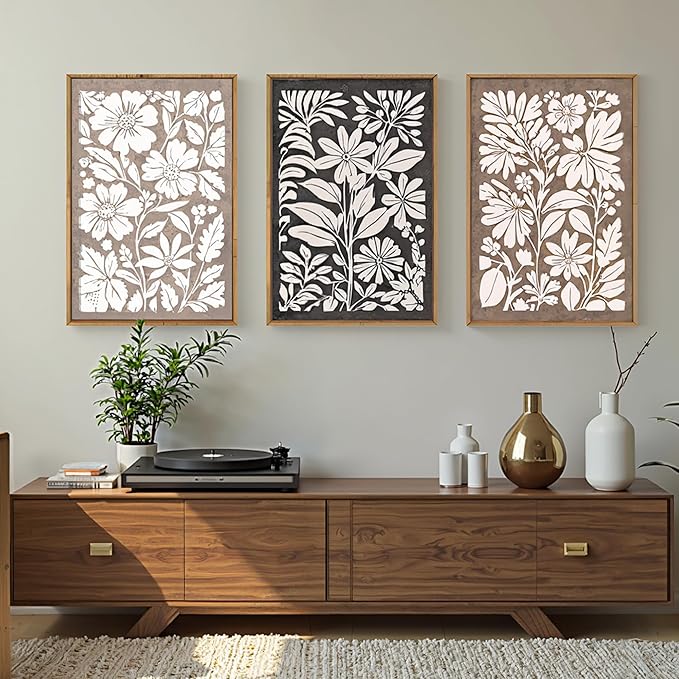 HLNIUC Black Brown Botanical Flower Wall Art Framed, Neutral Minimalist Wildflower Wall Decor set of 3 (16"x24"), Rustic Farmhouse Grey Canvas Painting, Nature Prints for Living Room, Bedroom, Office