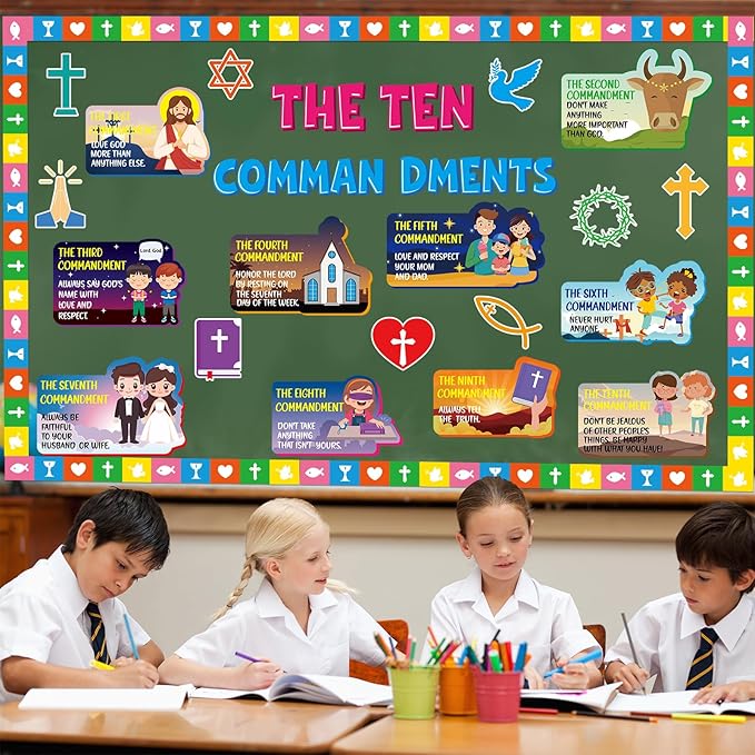 gisgfim Ten Commandments Bulletin Board Decorations Set Classroom Religious Jesus Paper Cutouts Christian Bible Verse Bulletin Board Decor for Back to School Sunday School Church Chalkboard Wall