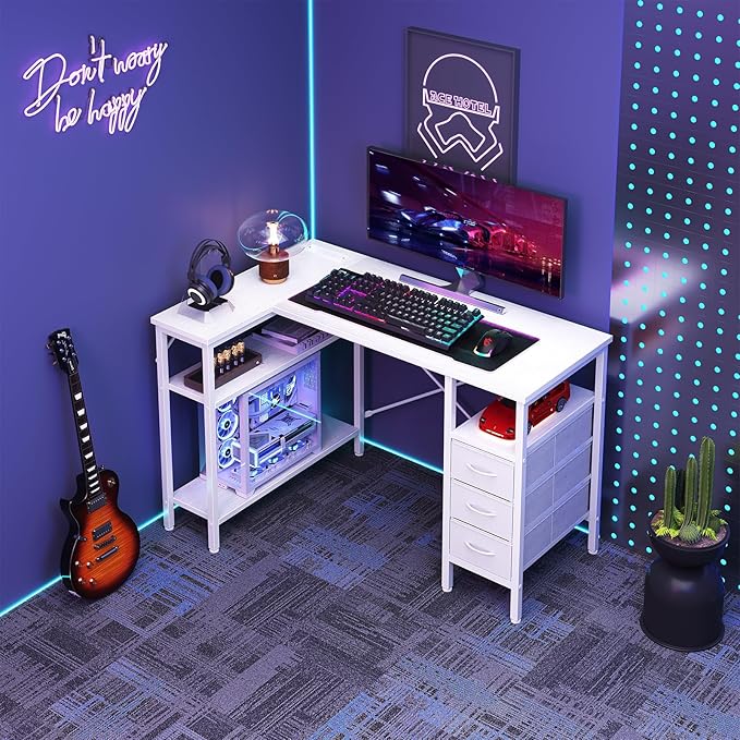DUMOS L Shaped Desk with Shelf Drawers 47 Inch, White Corner Computer Desks Gaming with Power Outlet, Study Table with Adjustable Shelves, Home Office Tables for Bedroom Teacher Reading Writing
