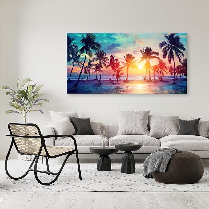 DZL Art S75598 Canvas Wall Art Palm Trees Silhouettes On Tropical Beach At Sunset Beach Seascape Painting Nature Pictures for Living Room Home Office Wall Decor Artwork