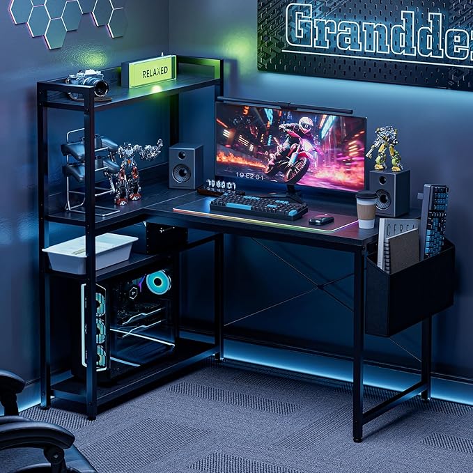 Grandder 40 Inch L Shaped Computer Desk with Reversible Storage Shelves, Home Office Corner Desk Study Writing Table with Hutch, Study, Black