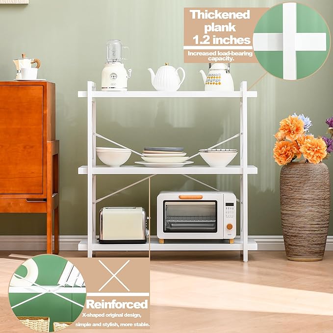 HCHQHS Bookshelf, 3-Tier Industrial Bookcase, White Open Book Shelf, Freestanding Horizontal Bookshelves with Metal Frame