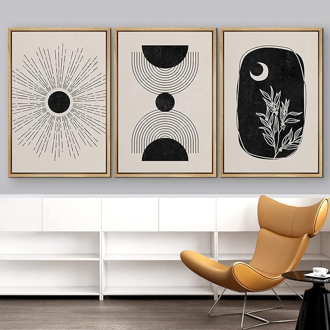 IDEA4WALL Framed Canvas Print Wall Art Set Geometric Shining Sun Crescent Moon Tree Polygons Abstract Shapes Illustrations Modern Art Nordic for Living Room, Bedroom, Office - 16"x24"x3 Natural