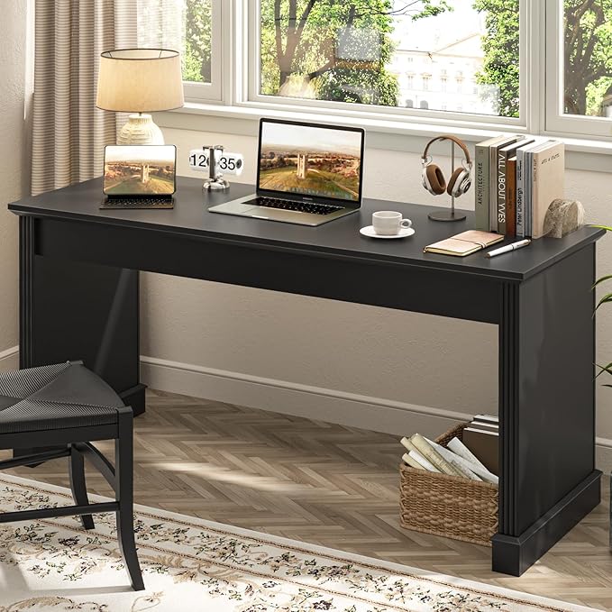 Farmhouse 59" Executive Computer Desk, Simple and Spacious Workstation for Remote Work & Study, Home Office, Pure Black