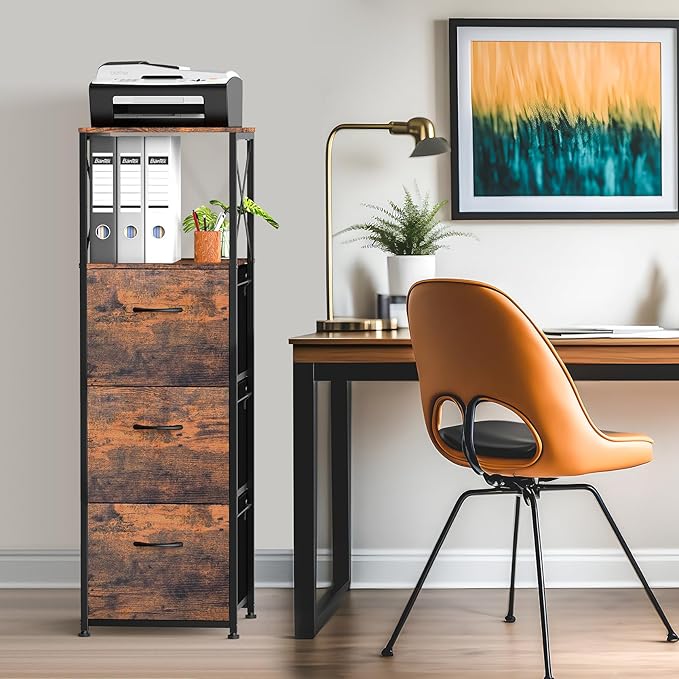 3 Drawers File Cabinet, Vertical Filing Cabinets for Home Office, Non-woven Fabric Drawer with Adjustable Hanging File Folders, A4/Letter Size, Open Shelf, Mobile Printer Stand, Rustic Brown