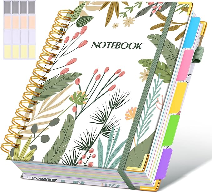 Hardcover Spiral Notebook Journal with Removable Dividers Tabs, 300 Pages 5 Subject Notebook College Ruled, 100GMS Notebooks for Work School Note Taking,Lined Journal for Women,Colorful Botanicals