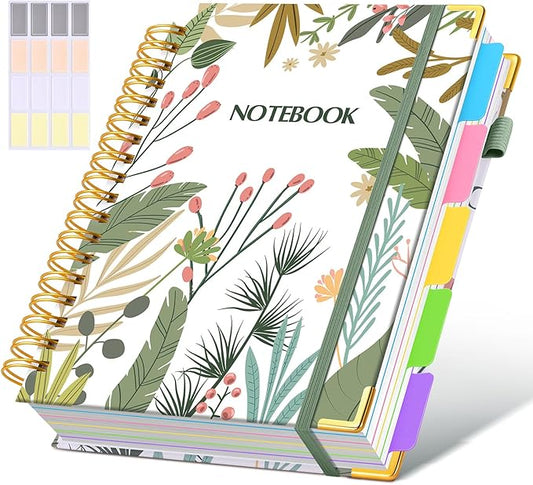 Hardcover Spiral Notebook Journal with Removable Dividers Tabs, 300 Pages 5 Subject Notebook College Ruled, 100GMS Notebooks for Work School Note Taking,Lined Journal for Women,Colorful Botanicals