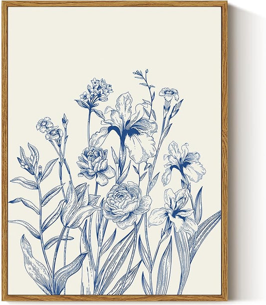 ARPEOTCY Vintage Framed Canvas Wall Art, 12x16 Inch Blue Botanical Flower Wall Art, Minimalist Line Drawing Floral Print, Nature Canvas Picture for Living Room, Bedroom, or Bathroom Decor