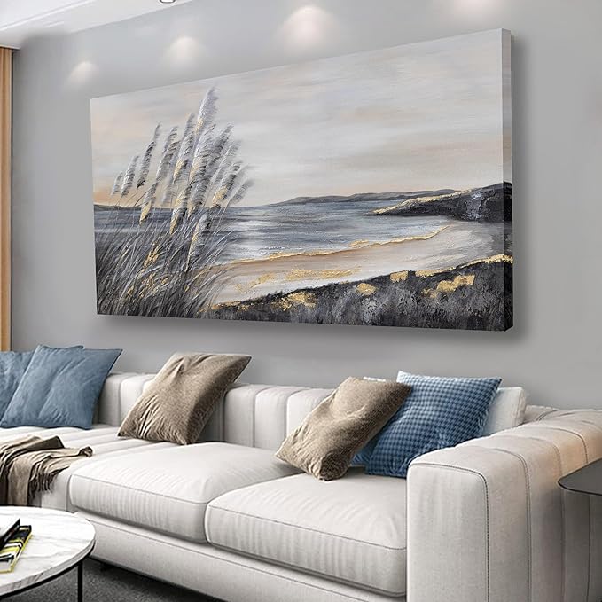 Yuaxker Ocean Wall Art Grey and Gold Ocean Art Wall Decor Canvas Painting Modern Minimalist Canvas Painting for Living Room, Bedroom, Dining Room Office Home Decor Artwork 24x48 inch