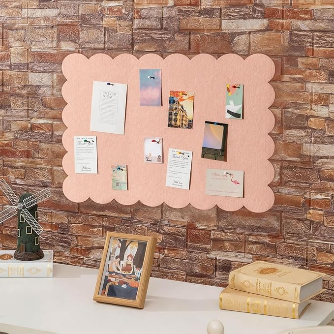 Scalloped Felt Bulletin Board 24 x 18 Inches Foldable Light Pink Pin Cork Board Alternative for Wall, 2' x 1.5' Trifold Picture Vision Self Adhesive Bulletin Decorative