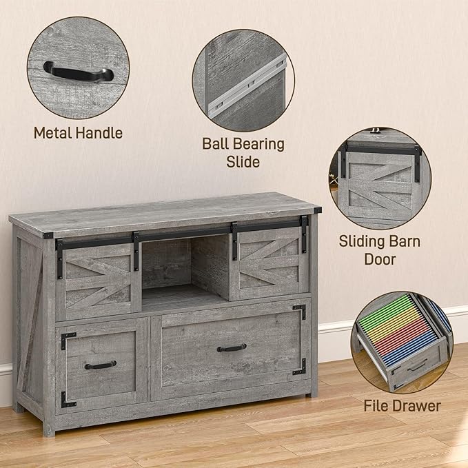 Vabches Lateral File Cabinets 2 Drawer with Sliding Barn Doors, Farmhouse Filing Cabinet with 2 Drawer for Home Office，Filing Organization Storage Cabinets for Hanging Files Letter/Legal/F4/A4.Grey