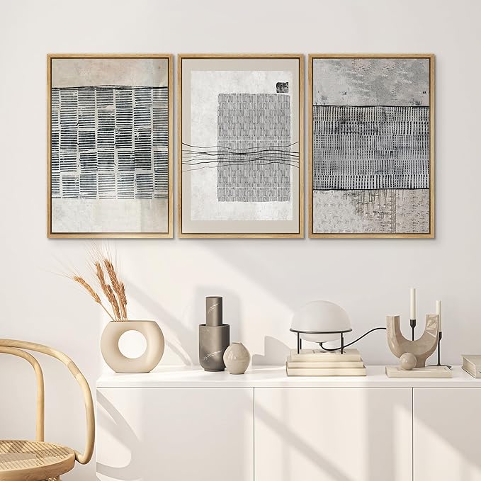 SIGNWIN Framed Canvas Print Wall Art Set Black Tan Industrial Line Art Pattern Abstract Shapes Cozy Neutral Decorative Contemporary Minimal for Living Room, Bedroom, Office - 16"x24"x3 Natural