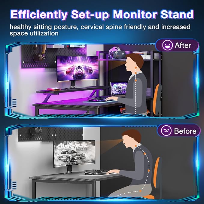 ODK Reversible Gaming Desk LED Lights, 40 Inch Computer Desk with Storage Shelves & Monitor Stand, Study Table for Home Office, Small Space Bedroom, Carbon Fiber Black