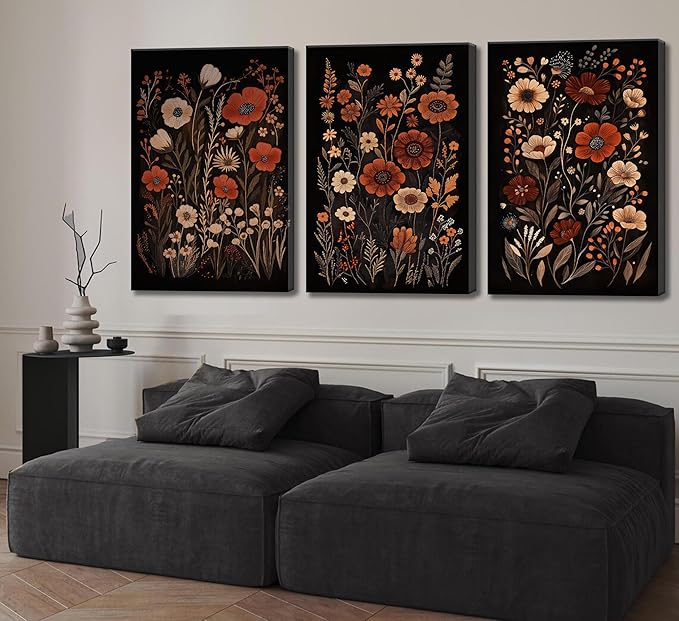 Wavkkey 3 Pcs Dark Floral Canvas Wall Art Vintage Moody Flowers Botanical Posters Painting Picture Wall Decor Print Artwork for Living Room Bedroom Women Room Home Decoration