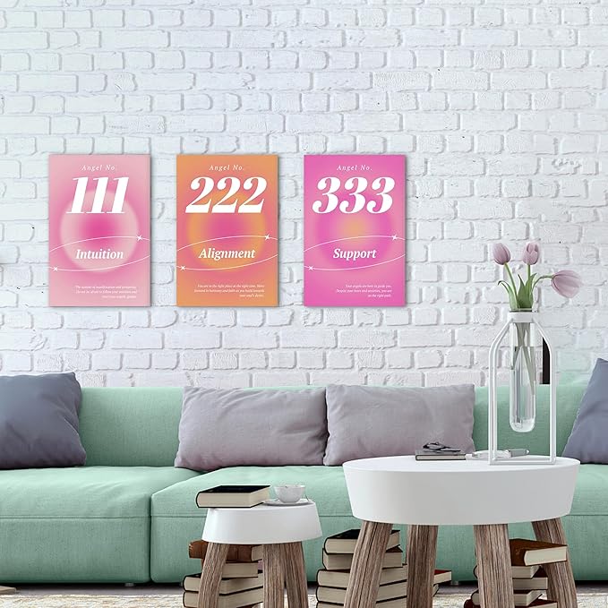 Colorful Gradient Aura Angel Numbers Poster Canvas Print Artwork Room Decor for Bedroom Aesthetic, 3 Piece Framed Inspirational Minimalist Art Paintings Decor for Bedroom Office 12"x18" x 3 Pcs