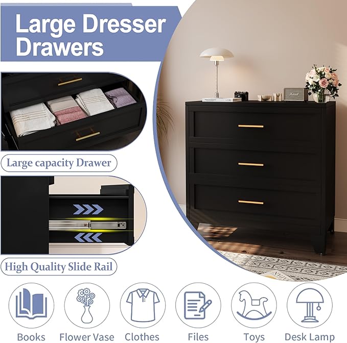 3 Drawer Metal File Cabinet, Bedroom Dresser Drawers, Multi-Functional Accent Drawers Cabinet, Lateral File Cabinets for Collection and Storage Small Size Files (Black)