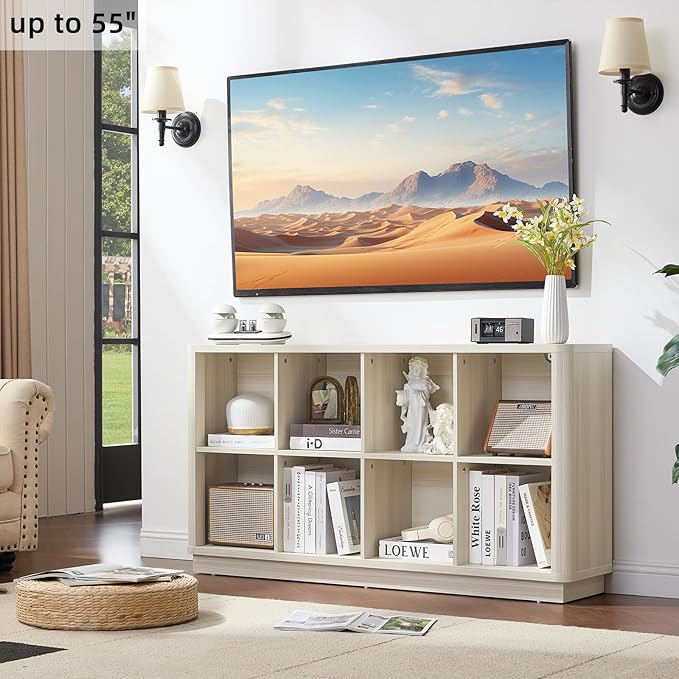 8 Cube Storage Bookcase, 52" Long Horizontal Book Shelf w/Curved Edge, Wood Low 2-Tier Cubby Console Bookshelf with Base, Modern Floor Standing TV Stand for Living Room, Gray-White Cream Oak