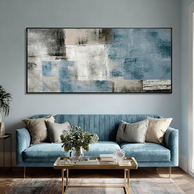 SDYA Blue Abstract Wall Art Canvas Painting Modern Minimalist Artwork for Living Room Bedroom Office, Neutral Blue Gray Textured Wall Decor Oil Painting 32"x70"
