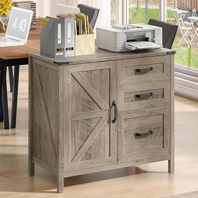 Farmhouse Lateral Filing Cabinet, Lateral File Cabinet with 3 Drawers and Storage Cabinet Wooden Printer Stand with File Drawer for Letter/A4 Size Hanging File for Home Office, Rustic Grey