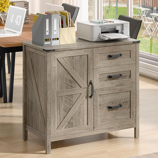 Farmhouse Lateral Filing Cabinet, Lateral File Cabinet with 3 Drawers and Storage Cabinet Wooden Printer Stand with File Drawer for Letter/A4 Size Hanging File for Home Office, Rustic Grey