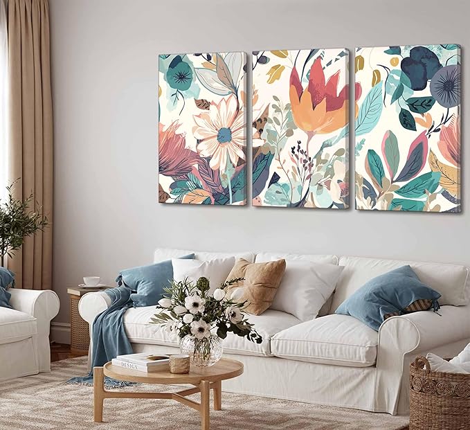 3 Pcs Boho Wild Flowers Canvas Wall Art Neutral Watercolor Boho Abstract Floral Botanical Painting Picture Wall Decor Poster Print Artwork for Living Room Bedroom Home Decoration