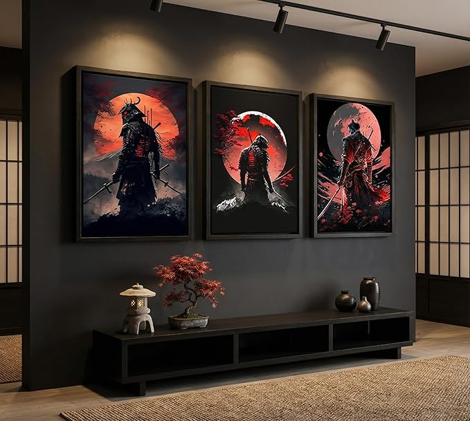 3pcs Japan Samurai Canvas Wall Art Japanese Bushido Posters Prints Paintings Japanese Style Full Moon Ninja Wall Decor Pictures for Living Room Bedroom Home Artwork Decoration Unframed