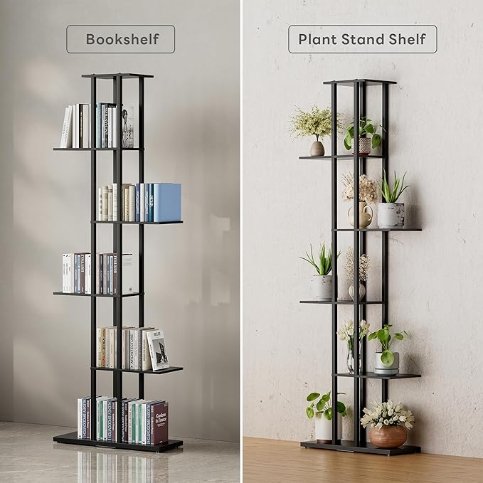 6 Tier Corner Bookshelf，Slim Open Bookshelf，Small Book Shelf for Small Spaces，Living Room, Home Office, 9.45 x 20.8 x 62.2 Inches,（1PC+Rustic Borwn