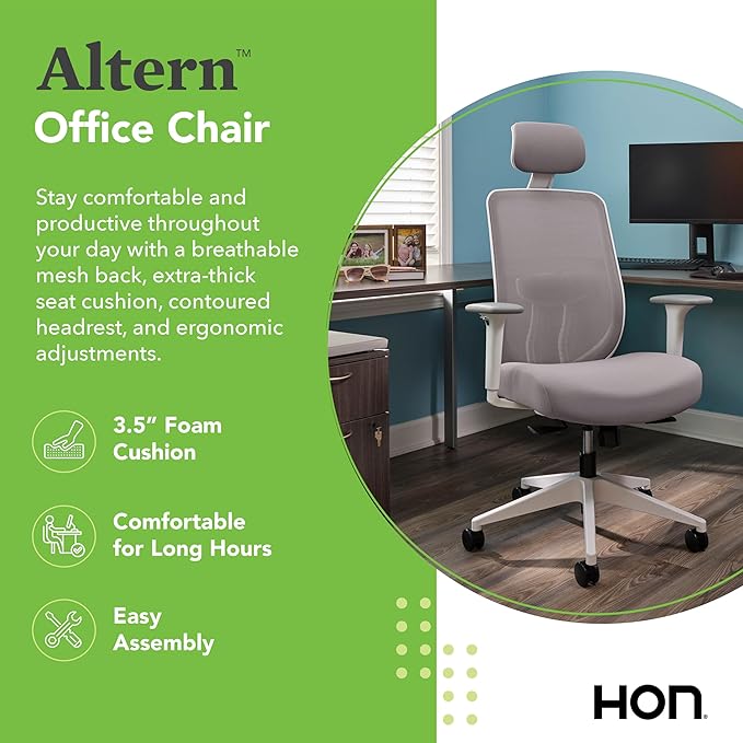 HON Altern Ergonomic Office Chair with Headrest, Arms, Wheels, Foam Cushion Seat, Mid Back Home Office Desk Chair Comfy, Gaming Chair, Height Adjustable Arms, Synchro-Tilt, White Frame, Iris