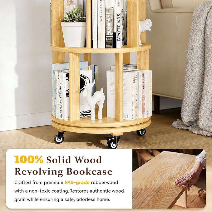 Rotating Bookshelf Tower with Wheels, 6 Tier Solid Wood Round Spinning Bookshelf Tower, 360° Revolving Bookcase Rolling for Kids Adult, Rotation Book Shelf for Bedroom, Living, Office, Corner, Natural