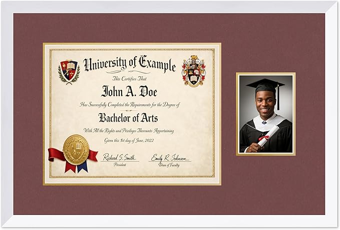 CountryArtHouse Fits 15 x 12 Military/Government and 5 x 7 Photo Diploma and Photo Frame Bright White Genuine Hardwood with Dark Red Over Metallic Gold Double mat