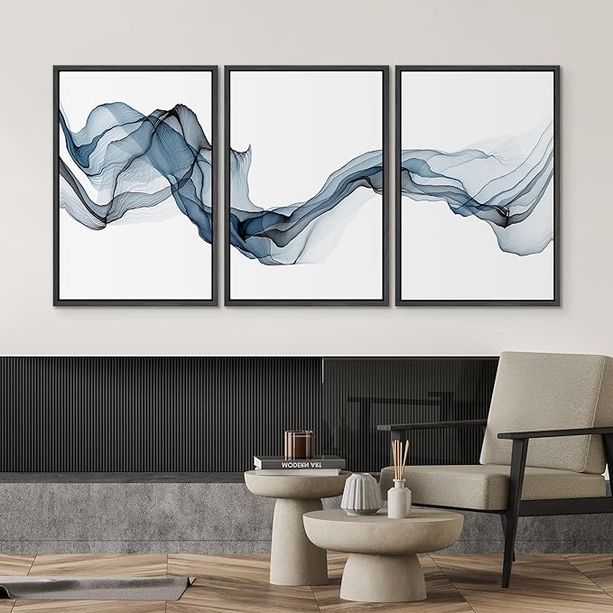 SIGNWIN Framed Canvas Print Wall Art Flowing Blue Smoke Abstract Shapes Digital Art Modern Art Minimalist Relax/Calm Cool for Living Room, Bedroom, Office - 24"x36"x3 Black