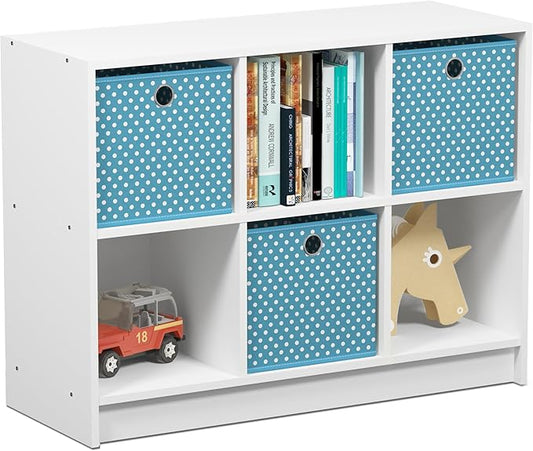 Furinno BASIC Book Shelf, 6-Cube Bookshelf with Open Shelf, 3 x 2 Bookcase with Storage Bins, Closed Back, Horizontal, 11.9 x 31.6 x 23.6, for Living Room, Bedroom, Home Office, White/Light Blue