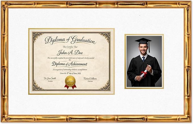 Diploma Frame With Photo Opening Gold Bamboo Oyster Shell Over Gold Mat - Fits 11 x 8.5 Degree and Picture Made in the USA