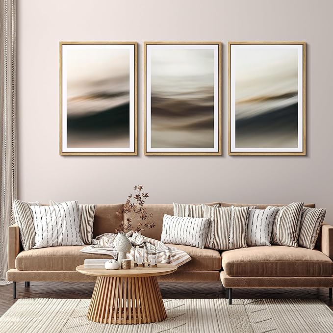 SIGNFORD Framed Wall Art Print Set Neutral Coastal Abstract Minimalist Ocean-Inspired Digital Art Modern Art Contemporary for Living Room, Bedroom, Office - 16"x24"x3 Natural