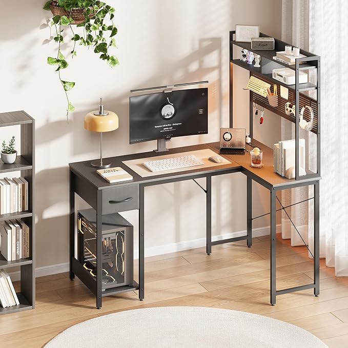 Apicizon L Shaped Gaming Desk 53", Reversible Corner Computer Desk with LED Lights, Carbon Fiber Surface, Pegboard with Hooks, Drawer & PC Tower Stand, USB Charging Port