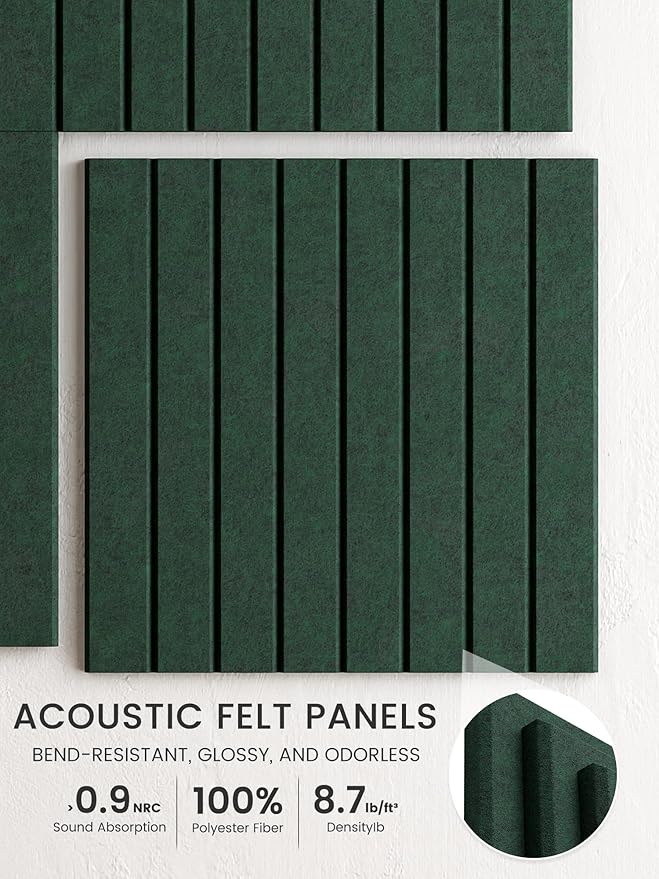 Bumusty Large Cork Board Alternative-48 x 36" Felt Bulletin Board Tiles, with 30 Pushpins, 70 Adhesive Tabs, 12-Pack Slat Wall Paneling, Cork Boards for Office Push Pin Board Felt Board-Pine Green