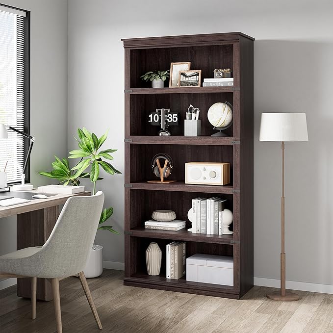 GAOMON 5 Tier Bookcase, Farmhouse Book Shelf with Storage Open Display Bookshelves, 67.4" Tall Book Case Wooden 5 Shelf Bookcase Home Decor Furniture for Home Office, Living Room, Bed Room - Cherry