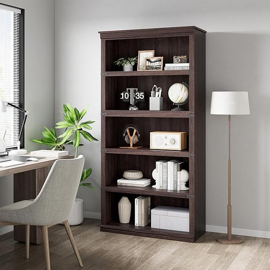 5 Tier Farmhouse Bookcase, 67.4 in Tall Book Shelf with Storage, Wooden Bookshelves 5 Shelf Display Shelvesfor Home Office, Living Room, Bed Room (Cherry, 67.4 in H x 31.5 in W x 12.8 in D)