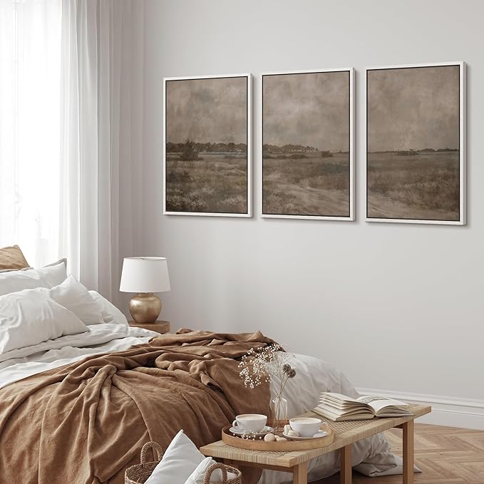 MUDECOR Framed Wall Art Print Set Vintage Neutral Countryside Landscape Rustic Field Path and Distant Trees Illustrations Modern Art Boho Decorative for Living Room, Bedroom, Office - 24"x36"x3 WHITE