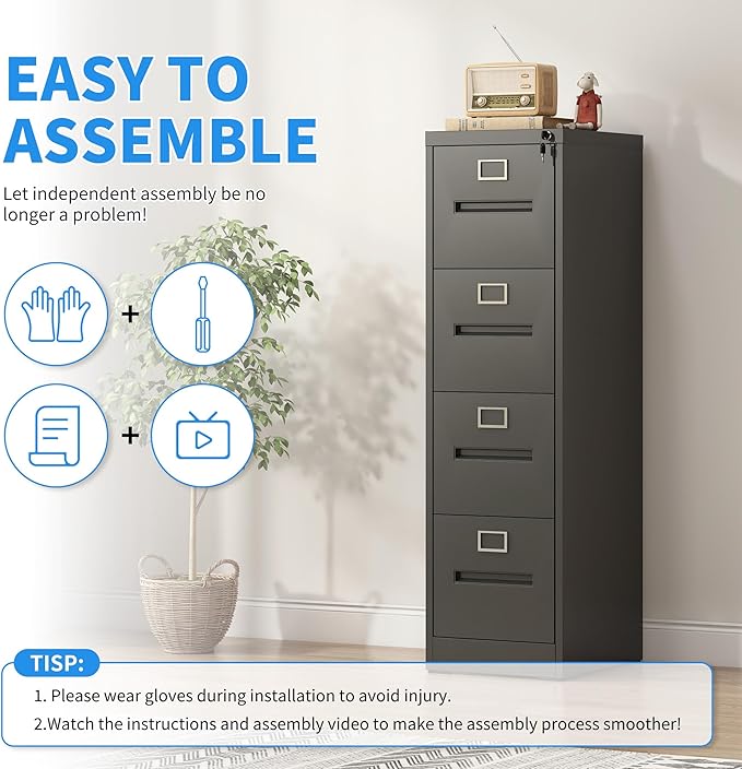 4 Drawer File Cabinet, Vertical File Cabinet with Lock, Metal Locking Filing Storage Cabinet for Home Office, Hanging Files for A4/ Legal/Letter, Assembly Required, Black