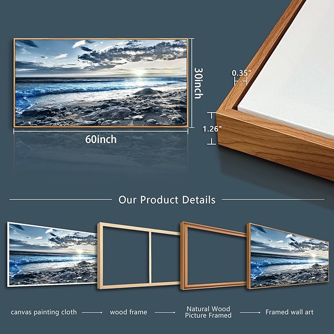 Lapremoly Blue Beach Sun Ocean Landscape Painting Large Wall Art For Living Room Wood Framed Wall Decor For Bedroom Modern Office Decor Canvas Prints Artwork Seascape Hang Pictures Home Decoration